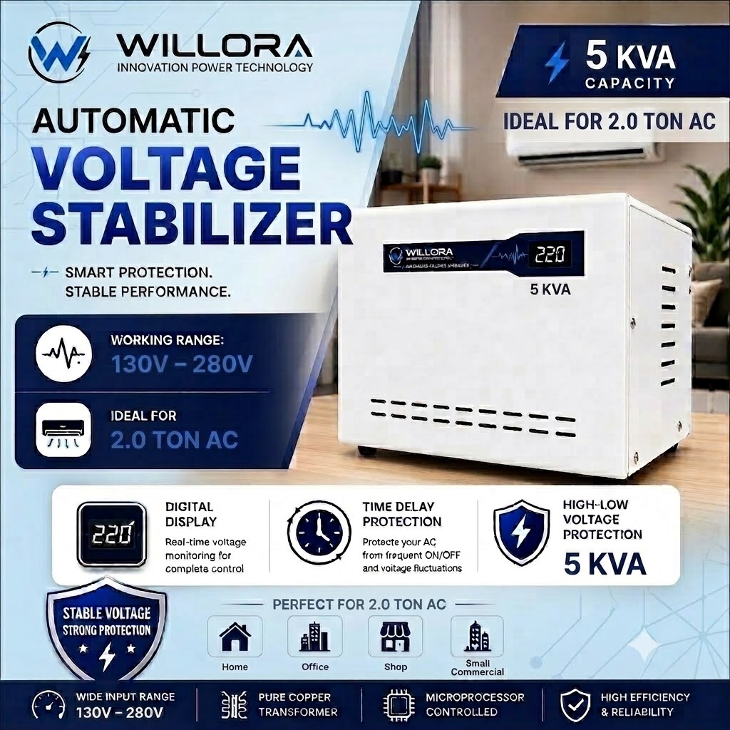 Willora 5 KVA Automatic Voltage Stabilizer for 2 Ton AC | 120V–280V Working Range | Digital Display | High-Low Cut-Off Protection | Time Delay - WAC5130 - Image 2