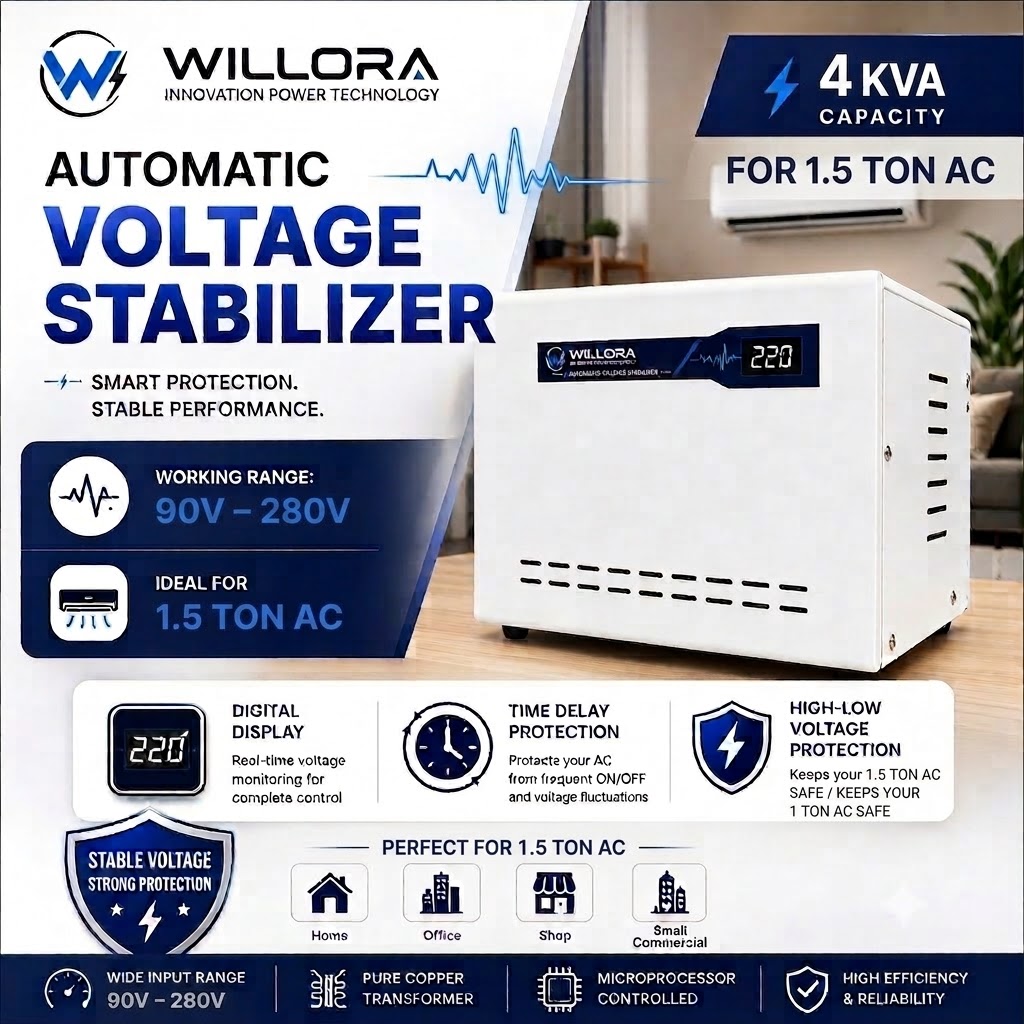 Willora 4 KVA Automatic Voltage Stabilizer for 1 Ton & 1.5 Ton Air Conditioner | Input Range 90V–280V | Digital Display | High & Low Voltage Protection | Time Delay - WAC0490 - Image 2