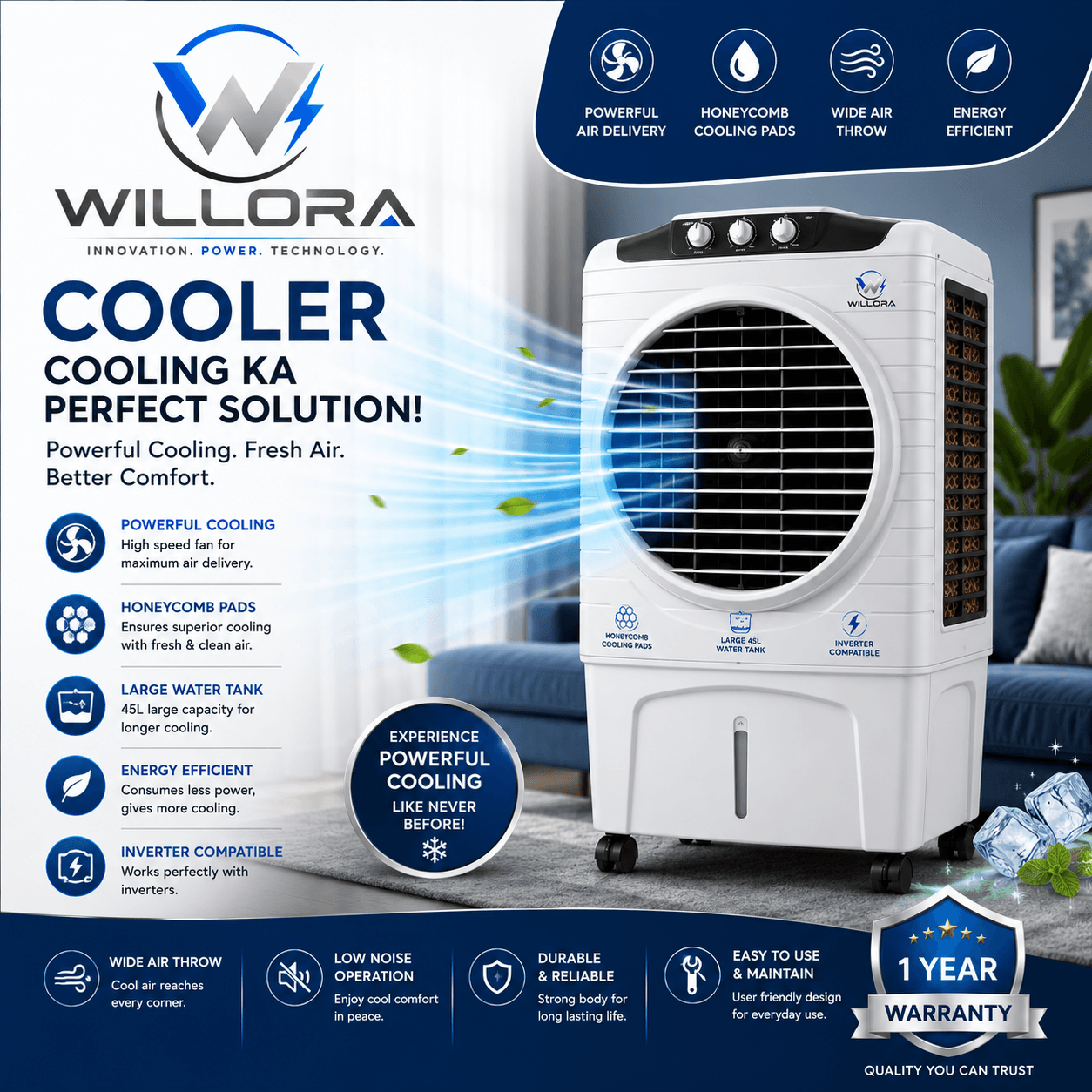 Willora Premium 70-Litre Desert Air Cooler with High-Density Honeycomb Pads & Powerful Air Throw (Arctic White & Grey) - Image 2