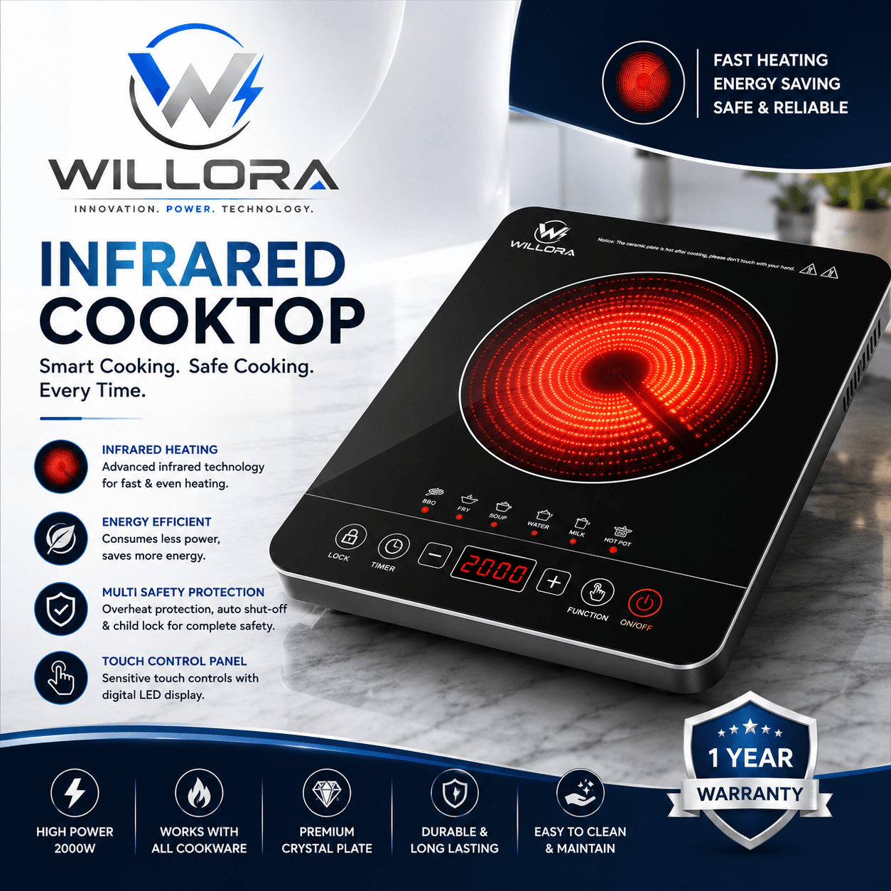 Willora Premium 2000W Infrared Cooktop with Feather-Touch Controls & Universal Cookware Compatibility