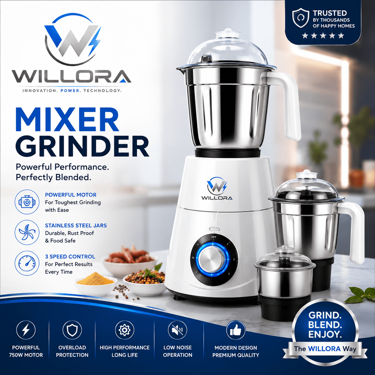 Willora Premium 750-Watt Heavy Duty Mixer Grinder with 3 Stainless Steel Jars (Classic Black & Chrome) - Image 2