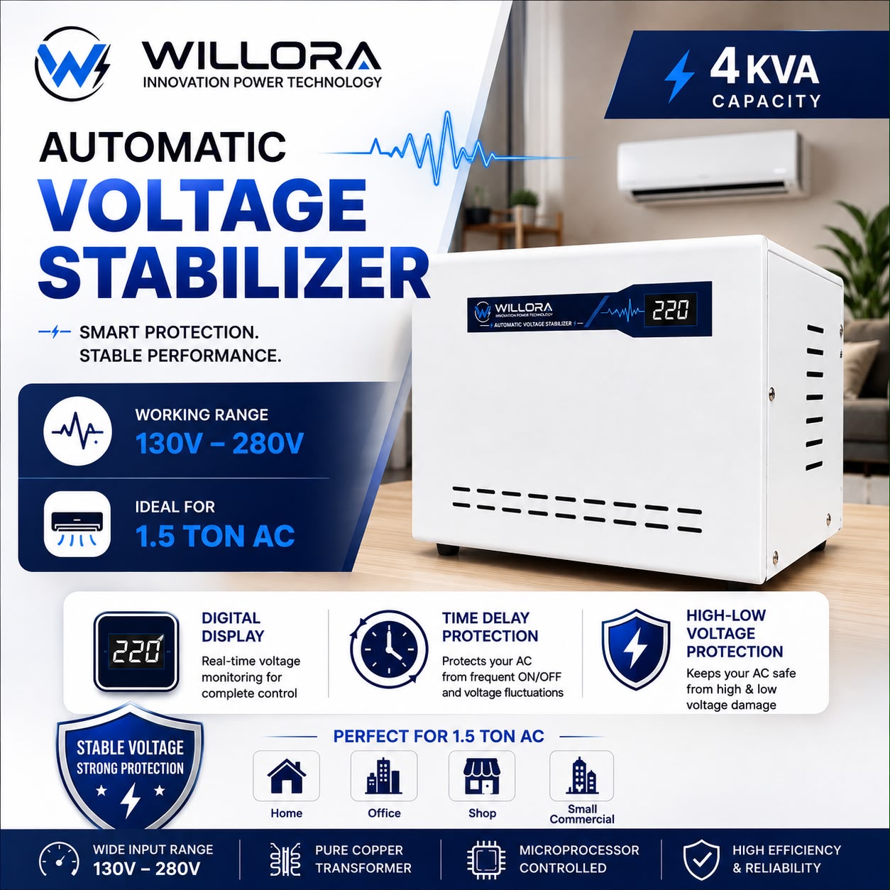 Willora 4 KVA Automatic AC Voltage Stabilizer (120V–280V) | Digital Display | Time Delay | High & Low Voltage Cut-Off | Microprocessor Controlled - WAC4120 - Image 2