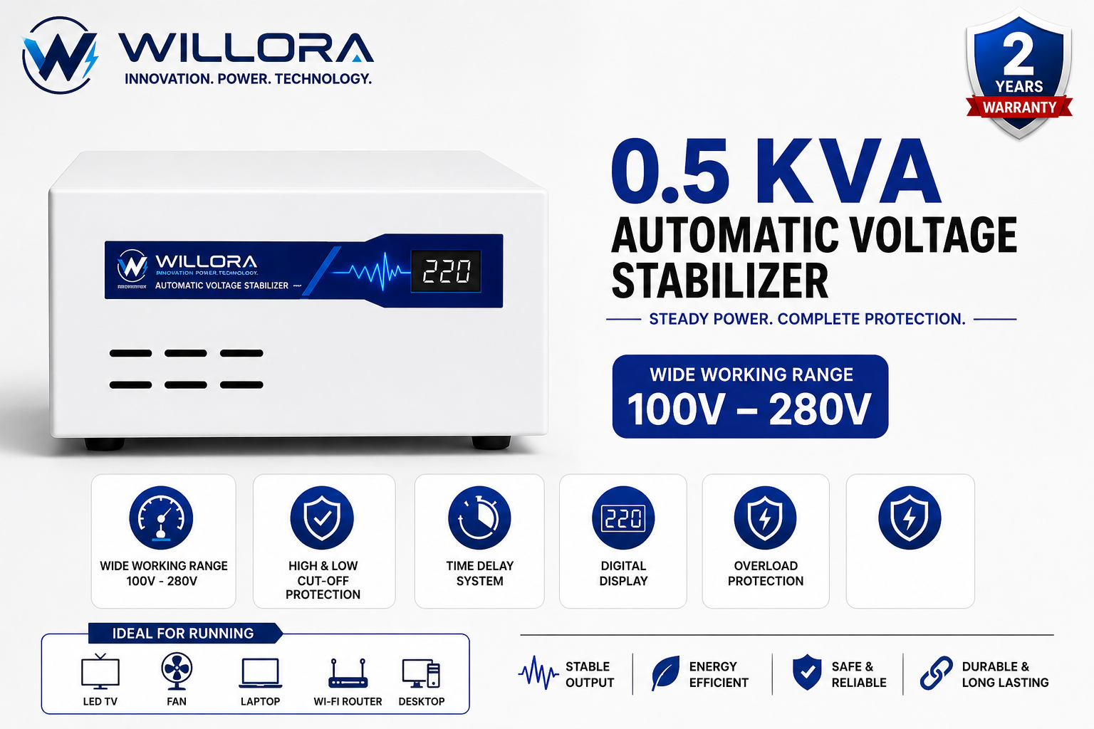 Willora 0.5 KVA Automatic Voltage Stabilizer | 400W | 100V-280V Input | Digital Display | High & Low Voltage Protection | Time Delay - WMT400VA - Image 2